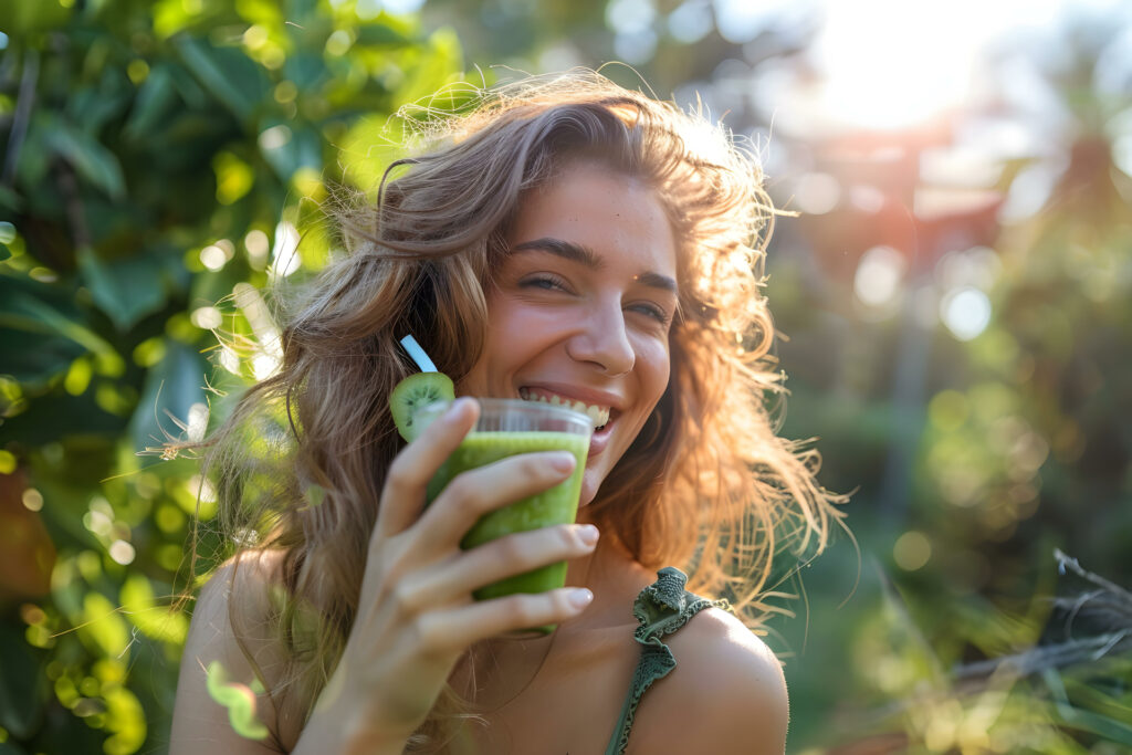 woman drinking smoothie   foods that kill nicotine cravings